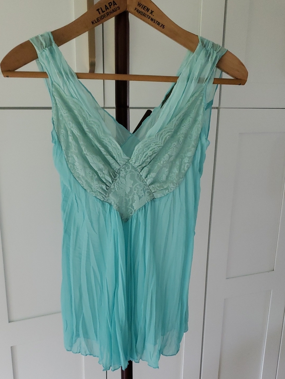 Sheer Lace-Trim Aqua V-Neck Chemise Made In USA